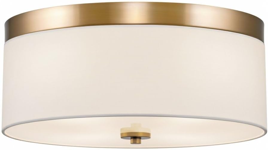 Kira Home Walker 15' Modern Drum Gold Flush Mount Ceiling Light, White Fabric Shade with Frosted Glass Diffuser, 3-Light Close to Ceiling Fixture, Cool Brass Finish