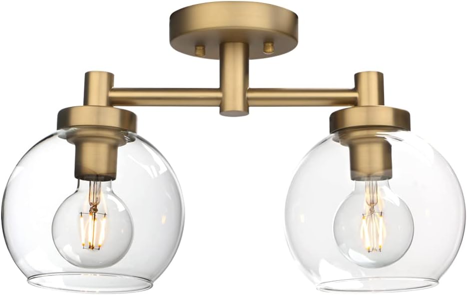 Pathson Glass Ceiling Light Fixtures, 2 Lights Globe Round Ceiling Lighting Lamp, Semi-Flush Mounted Ceiling Lights for Living Room Bathroom Hallway Loft Kitchen