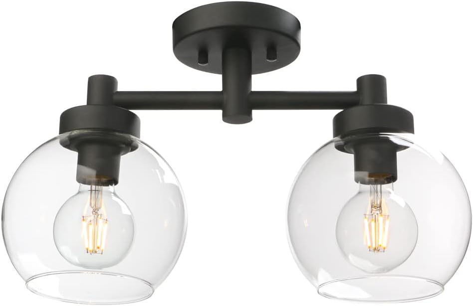 Pathson Glass Ceiling Light Fixtures, 2 Lights Globe Round Ceiling Lighting Lamp, Semi-Flush Mounted Ceiling Lights for Living Room Bathroom Hallway Loft Kitchen