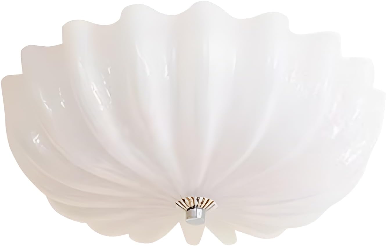 Large White Scalloped Semi Flush Mount Ceiling Light Vintage Milk Glass Flush Mount Ceiling Light Mid Century Modern Ceiling Lights for Entryway Hallway Bedroom