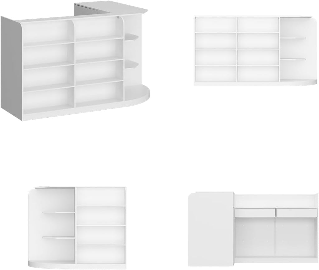 ECACAD 70.9' Large L-Shaped Reception Desk with 3 Drawers, 15 Open Shelves, Counter Top & Monitor Stand, Office Desk Reception Counter Table with File Cabinet, White