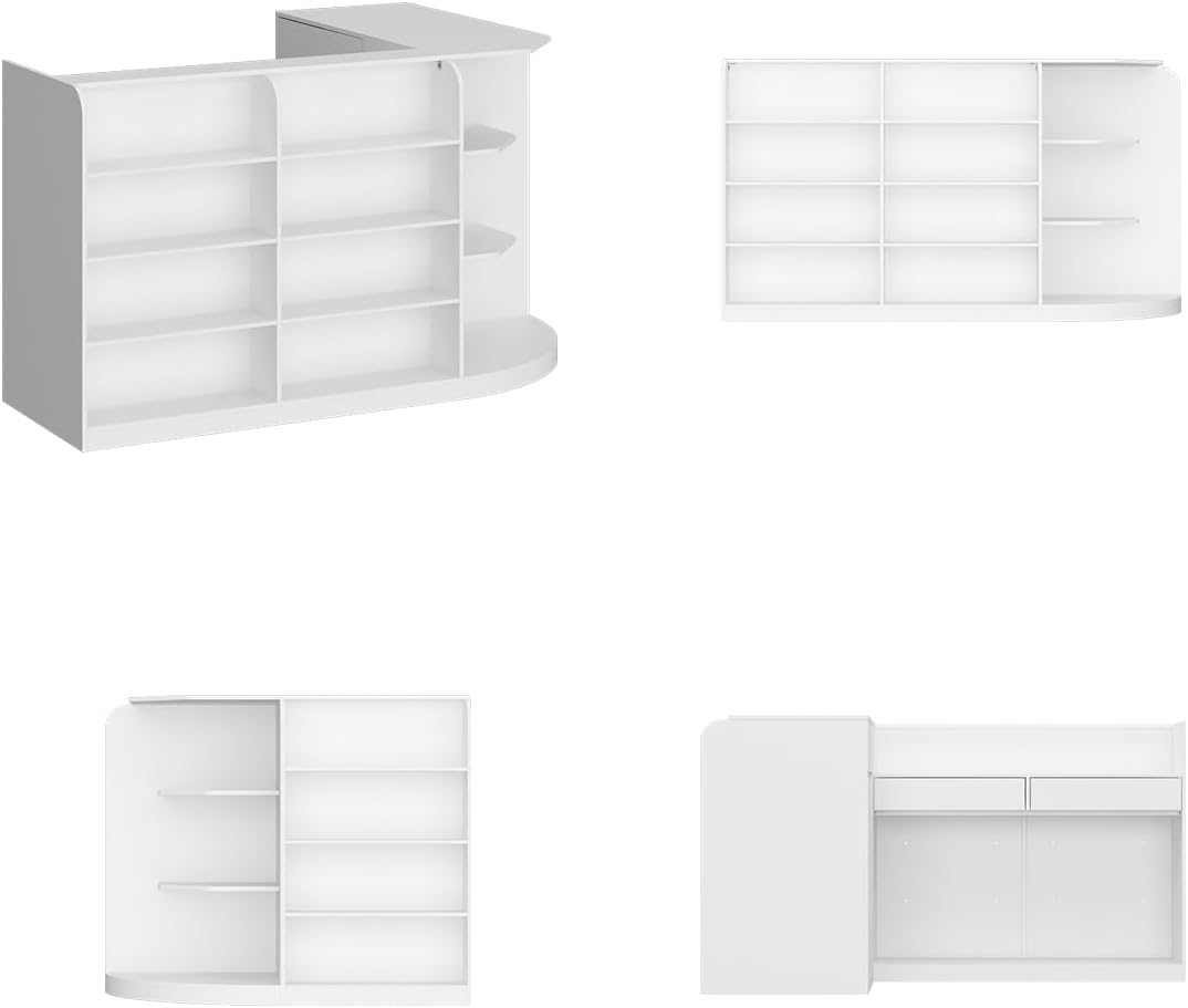 ECACAD 70.9' Large L-Shaped Reception Desk with 3 Drawers, 15 Open Shelves, Counter Top & Monitor Stand, Office Desk Reception Counter Table with File Cabinet, White