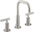 KOHLER K-14406-4-BN Purist® Widespread Bathroom Sink Faucet, 3-Hole, Bathroom Faucets with Low Lever Handles and Low Gooseneck Spout, 1.2 GPM, Vibrant Brushed Nickel