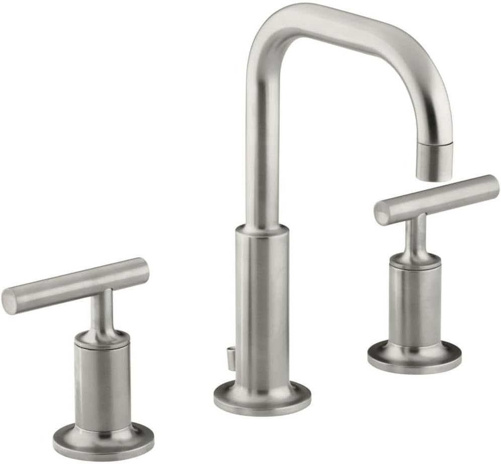 KOHLER K-14406-4-BN Purist® Widespread Bathroom Sink Faucet, 3-Hole, Bathroom Faucets with Low Lever Handles and Low Gooseneck Spout, 1.2 GPM, Vibrant Brushed Nickel