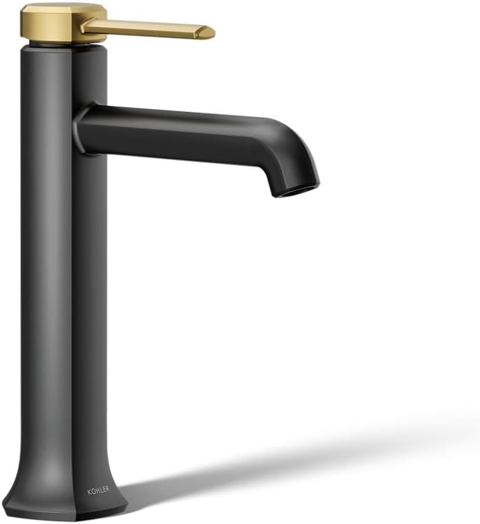 KOHLER 27003-4K-BMB Occasion Tall Single-Handle Bathroom Faucet with Pop-Up Drain Assembly, One Hole Bathroom Sink Faucet, 1.0 gpm, Matte Black with Moderne Brass