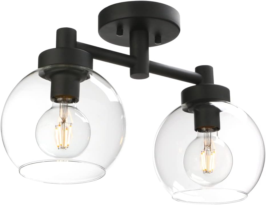 Pathson Glass Ceiling Light Fixtures, 2 Lights Globe Round Ceiling Lighting Lamp, Semi-Flush Mounted Ceiling Lights for Living Room Bathroom Hallway Loft Kitchen