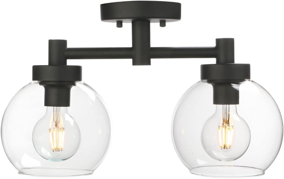 Pathson Glass Ceiling Light Fixtures, 2 Lights Globe Round Ceiling Lighting Lamp, Semi-Flush Mounted Ceiling Lights for Living Room Bathroom Hallway Loft Kitchen