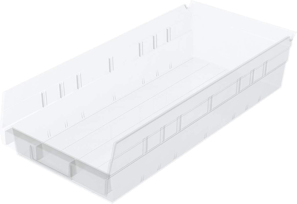 Akro-Mils 30158 Plastic Shelf Bins, Heavy Duty Storage Bins for Garage, Closet, and Drawer Organization, 18-Inch x 8-Inch x 4-Inch, Clear, 12-Pack