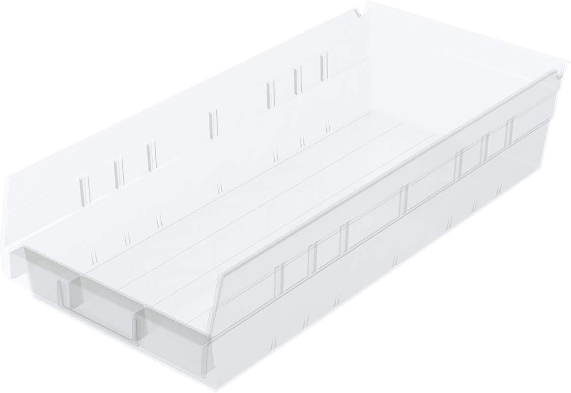 Akro-Mils 30158 Plastic Shelf Bins, Heavy Duty Storage Bins for Garage, Closet, and Drawer Organization, 18-Inch x 8-Inch x 4-Inch, Clear, 12-Pack