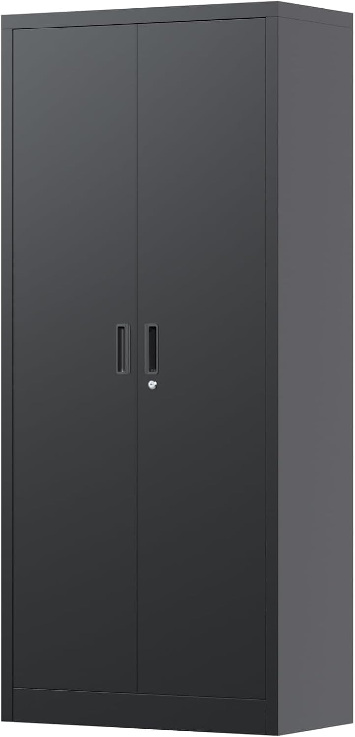 71' Metal Storage Cabinet with Doors, Lock and 4 Adjustable Shelves, Tall Pantry Cabinet for Garage, Office, Bedroom, Shop, Craft Room, Steel Storage Organizer with Adjustable Feet,Black