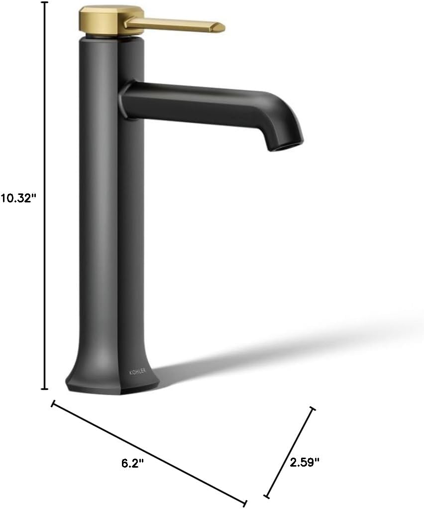 KOHLER 27003-4K-BMB Occasion Tall Single-Handle Bathroom Faucet with Pop-Up Drain Assembly, One Hole Bathroom Sink Faucet, 1.0 gpm, Matte Black with Moderne Brass