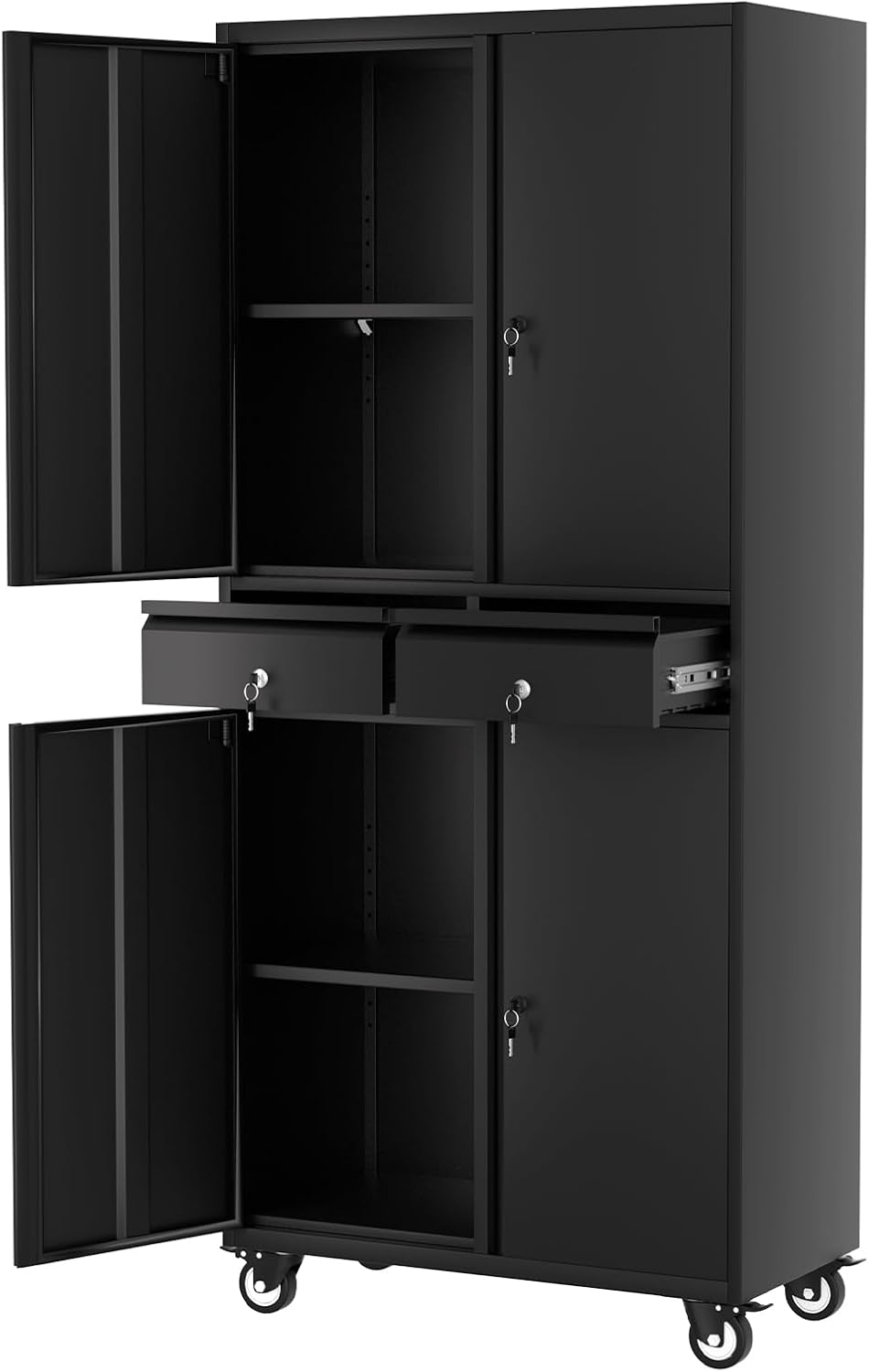 GarveeHome 72' Metal Storage Cabinet with Wheels, Locking Doors & 2 Drawers,Heavy Duty Rolling Garage Organizer with 2 Adjustable Shelves (with Wheels, with 2 Draws)