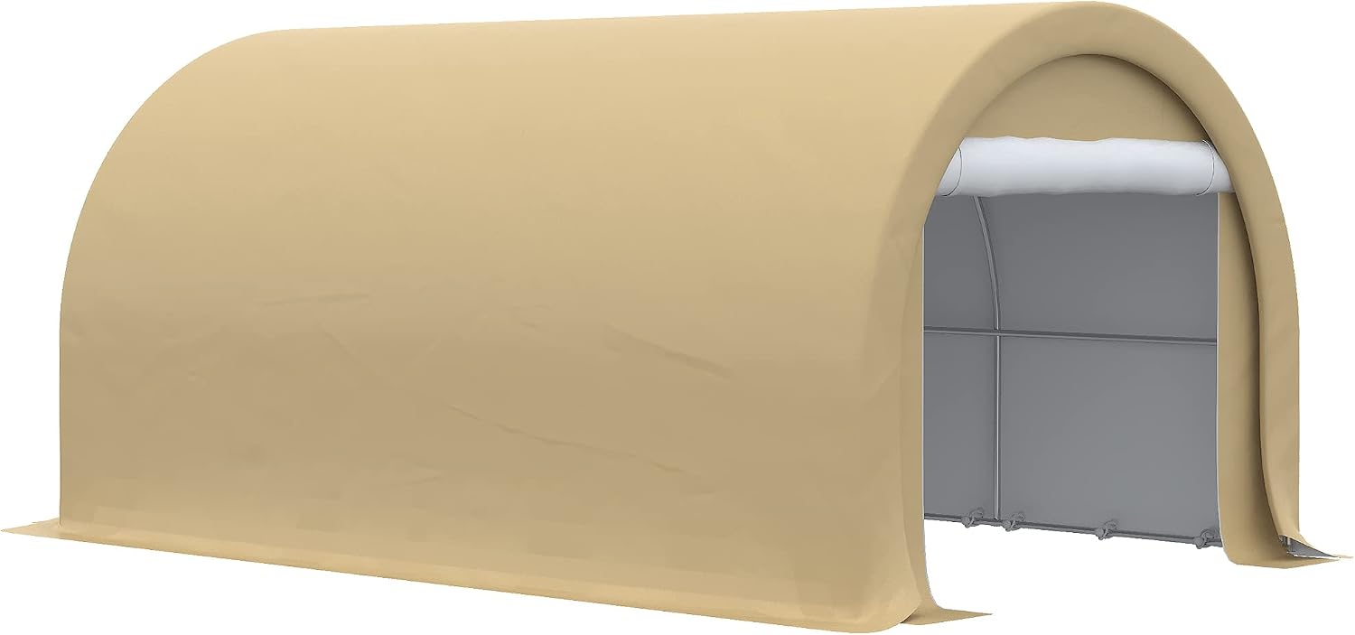 Outsunny 10' x 16' Carport, Heavy Duty Portable Garage Storage Tent with Large Zippered Door, Anti-UV PE Canopy Cover for Car, Truck, Boat, Motorcycle, Bike, Garden Tools, Outdoor Work, Beige