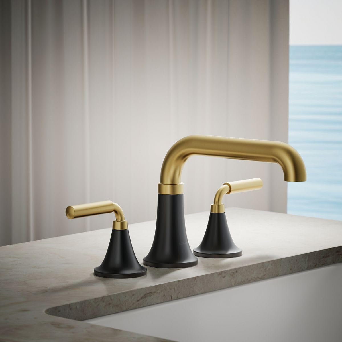 Kohler T27417-4-BMB Tone™ Deck-Mount Bath Faucet Trim, Matte Black with Brushed Moderne Brass
