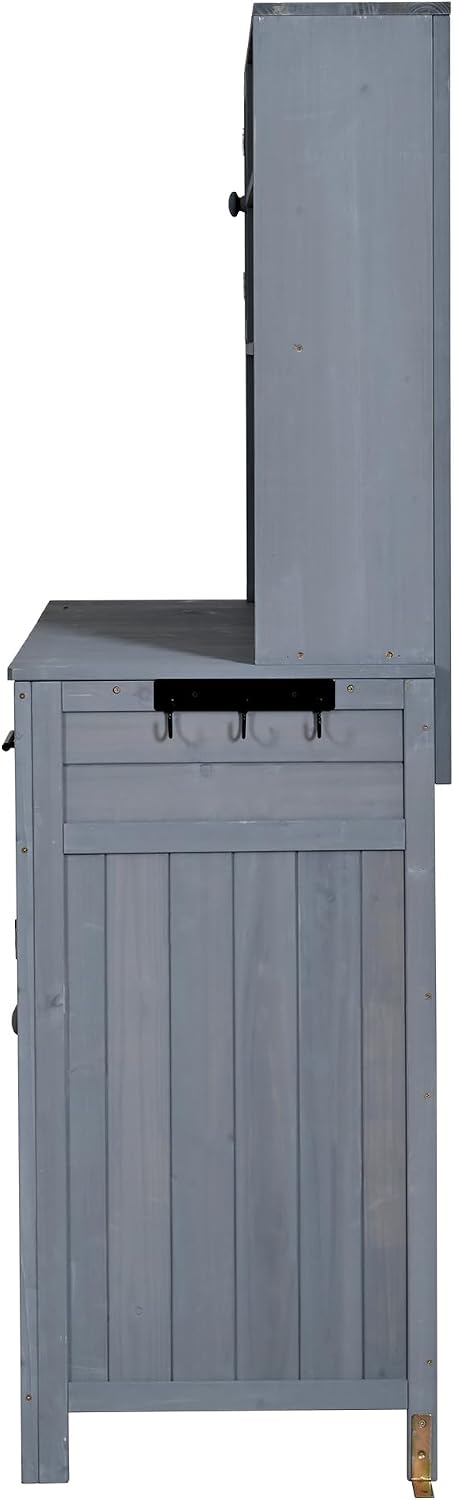 Potting Bench with Hutch, 65' H Solid Fir Wood Garden Workstation, Large Countertop, Patio Kitchen Island with Adjustable Shelves, Spice Rack, Side Hook and Drawer (Gray-P1)