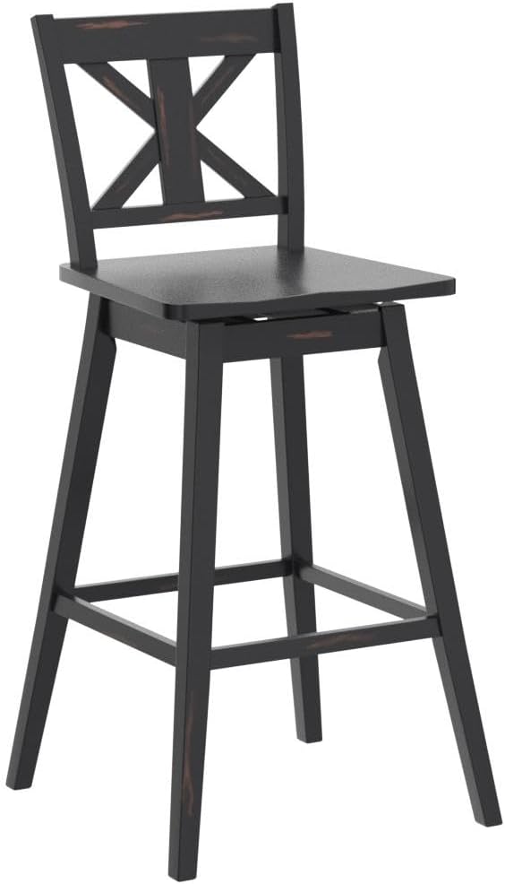 COSTWAY Bar Stools Set of 4, 360 Degree Swivel, 29-inch Height Chairs w/Non-Slip Foot Pads, Rubber Wood Bar Chairs, Vintage Bar Stools for Home, Restaurant (Black)