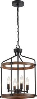 Modern Black Chandelier, 4-Light Farmhouse Dining Room Light Fixture Over Table, Muted Black with Retro Wood Texture Shade, Rustic Cage Hanging Pendant Lighting for Hallway Entryway Kitchen Bedroom