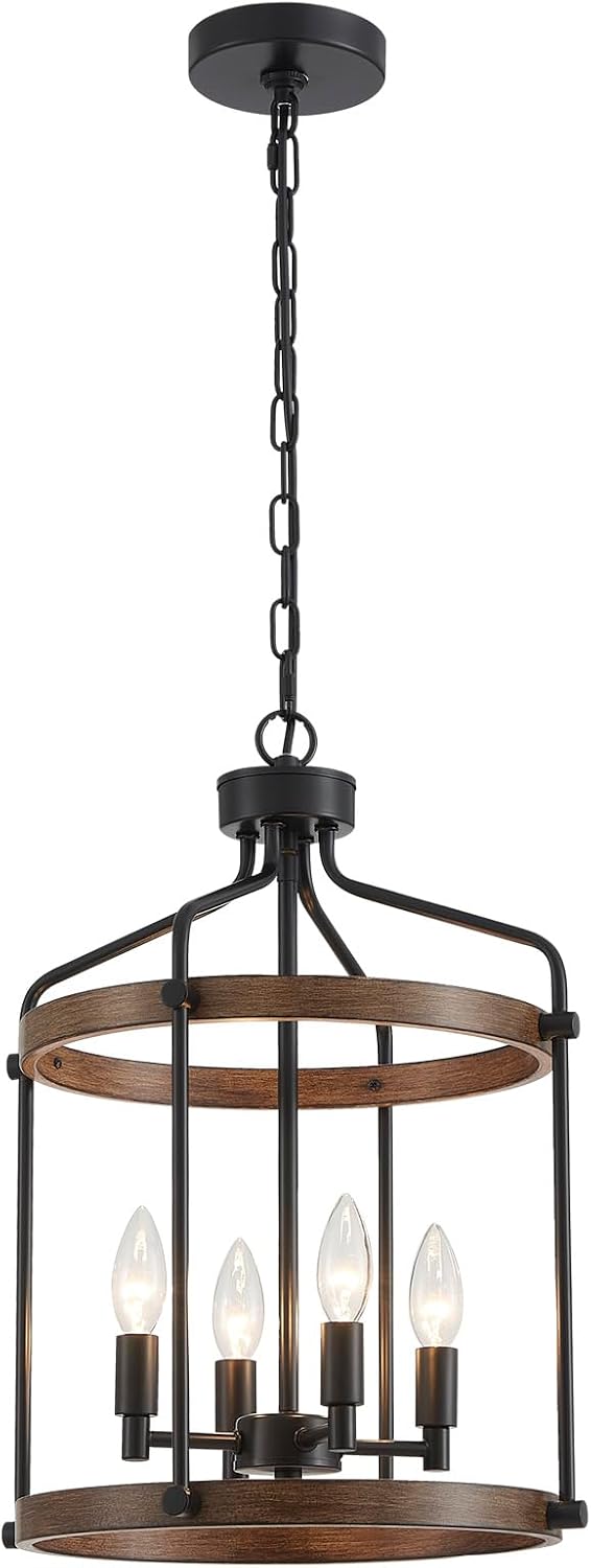 Modern Black Chandelier, 4-Light Farmhouse Dining Room Light Fixture Over Table, Muted Black with Retro Wood Texture Shade, Rustic Cage Hanging Pendant Lighting for Hallway Entryway Kitchen Bedroom