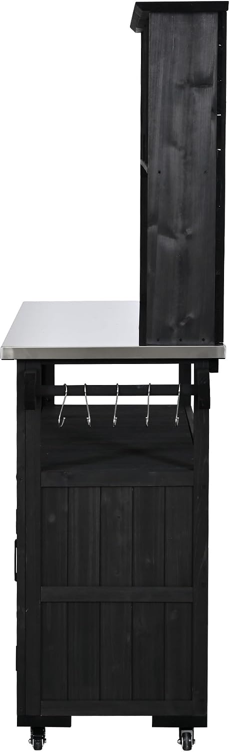 Versatile Garden Potting Bench with Stainless Steel Countertop, Outdoor Workstation for BBQ & Patio Cooking, Mobile Storage Cart Kitchen Island with Wheels (Black/B)