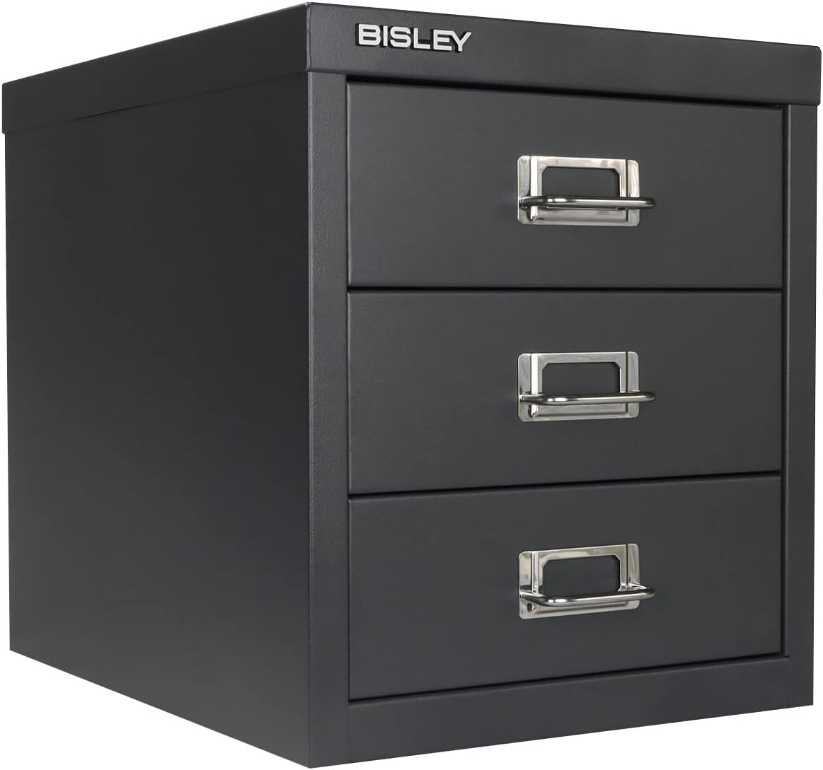 Bisley 3-Drawer Steel MultiDrawer Cabinet - Anthracite Grey | Chrome Pull Handles with Label Holders, Powder-Coated Steel, Removable Drawers, Desktop Storage, Labels Included