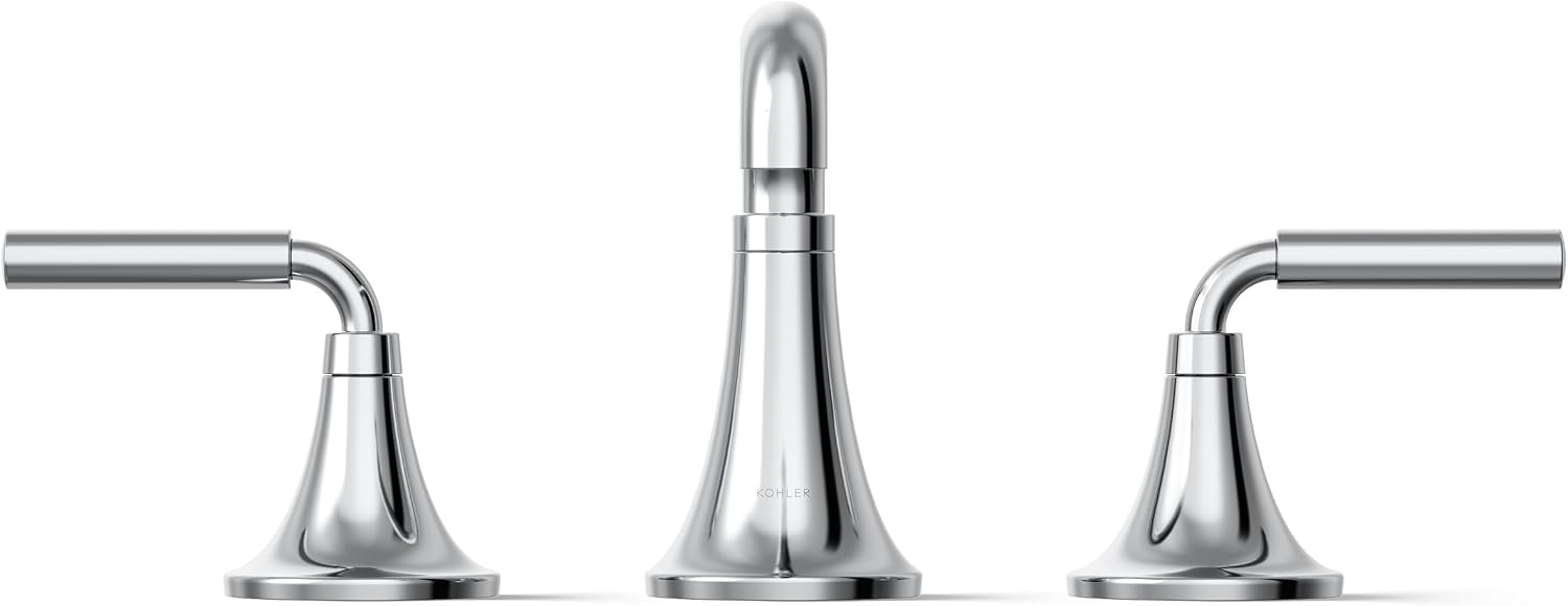 KOHLER K-27416-4-CP Tone™ Widespread Bathroom Sink Faucet, 3-Hole, Widespread Bathroom Faucets with Two Lever Handles and Clicker Drain, 1.2 GPM, Polished Chrome