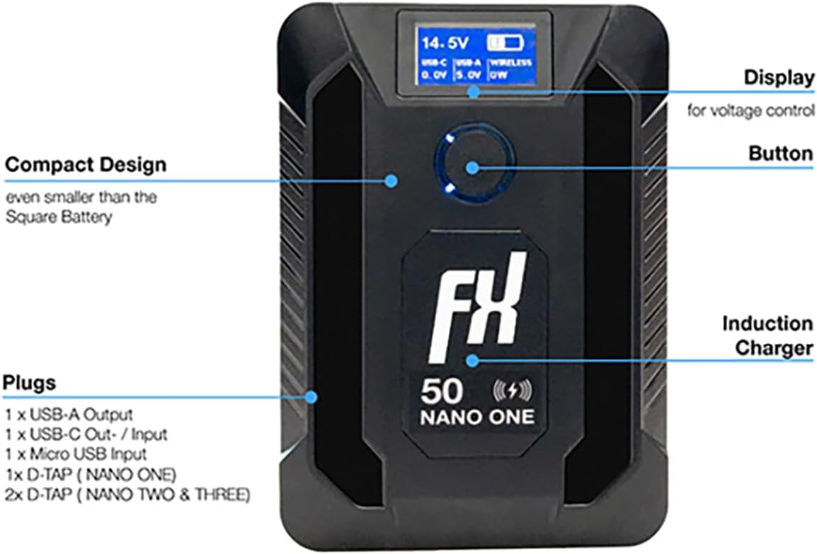 SONGING 50Wh FXLION Nano ONE-PRO Tiny V-Mount/V-Lock Battery w/Built-in Wireless Charger Type-C, D-tap, USB A, Micro USB for Cameras, Camcorders,Large LED Lights, Monitors, MacBook and Smartphone