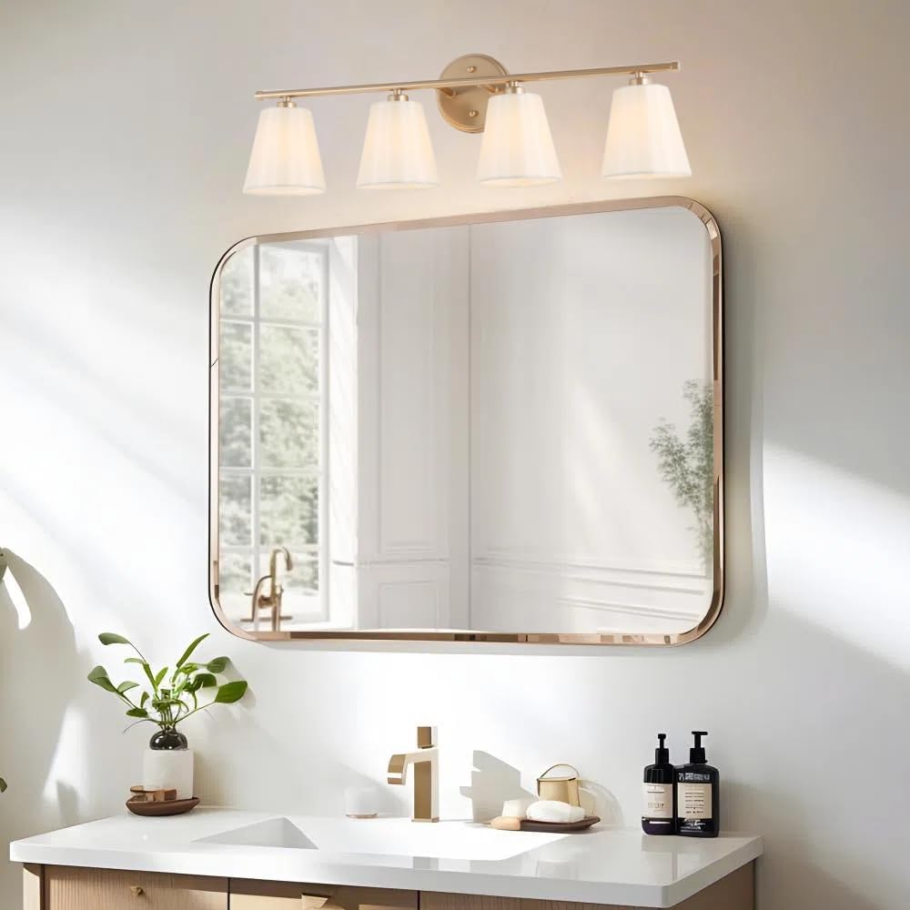KSANA Large Bathroom Light Fixtures, 4-Light Modern Gold Vanity Lights Over Mirror White Fabric Shade Bathroom Vanity Lighting for Bedroom, Kitchen, Hallway