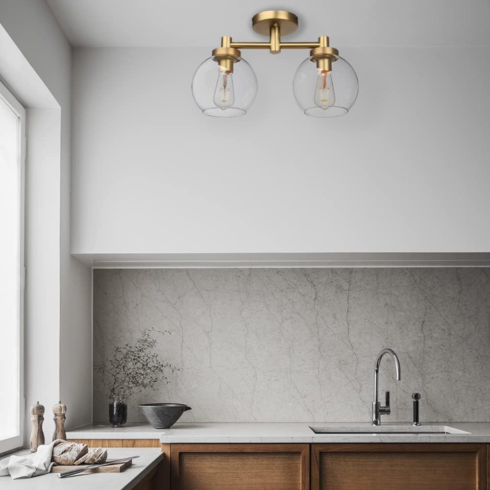 Pathson Glass Ceiling Light Fixtures, 2 Lights Globe Round Ceiling Lighting Lamp, Semi-Flush Mounted Ceiling Lights for Living Room Bathroom Hallway Loft Kitchen