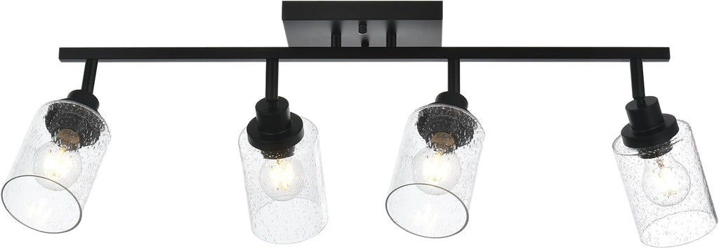 4-Light Black Track Lighting Kit Ceiling Mount Kitchen Track Lighting Fixtures, Bathroom Ceiling Tracking Vanity Light with Bubble Seeded Glass Shade & Rotatable Tracking Heads for Accent Shop