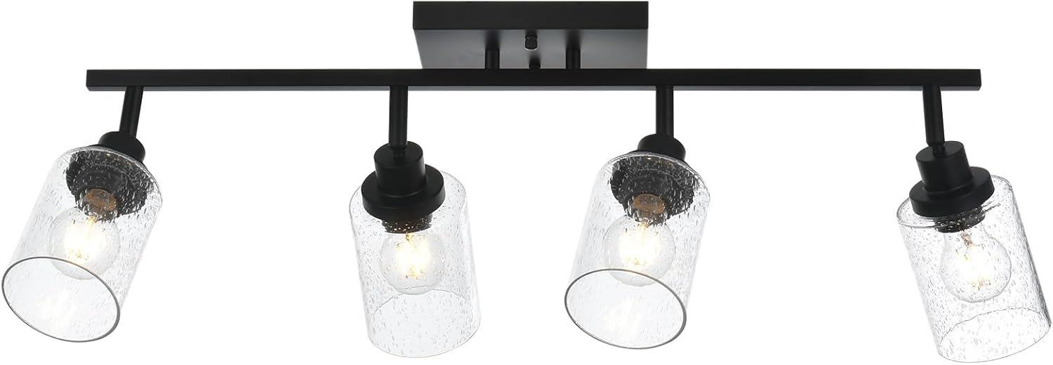 4-Light Black Track Lighting Kit Ceiling Mount Kitchen Track Lighting Fixtures, Bathroom Ceiling Tracking Vanity Light with Bubble Seeded Glass Shade & Rotatable Tracking Heads for Accent Shop