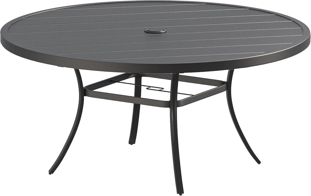 VICLLAX 60' Outdoor Round Patio Dining Table for 8-10, All Weather Metal Dining Table with Umbrella Hole for Deck Lawn Garden Backyard, Black