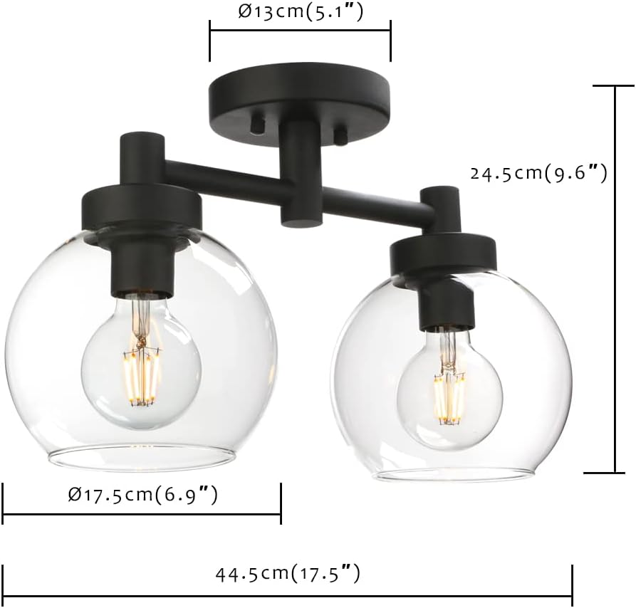 Pathson Glass Ceiling Light Fixtures, 2 Lights Globe Round Ceiling Lighting Lamp, Semi-Flush Mounted Ceiling Lights for Living Room Bathroom Hallway Loft Kitchen