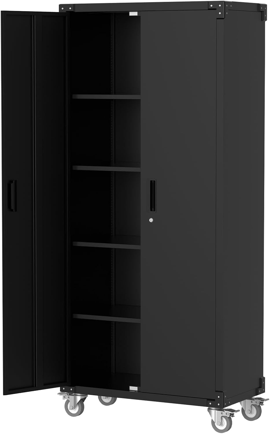 Metal Storage Cabinet 72'H with Wheels, Steel Tool Cabinet with Pegboard and 4 Adjustable Shelves, Lockable Rolling Garage Cabinet for Home,Garage,Office Organization (Deep Black) (with wheels, black)