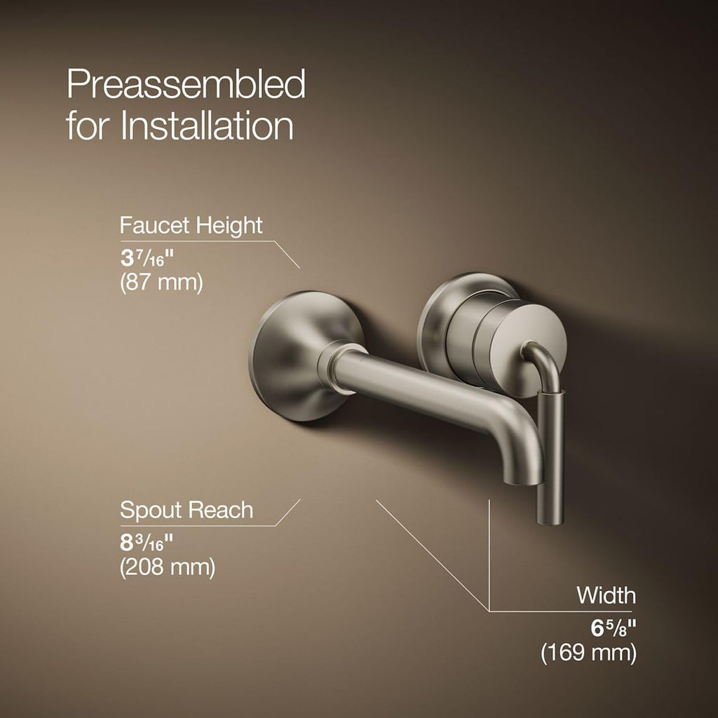Kohler 26438-4-BN Tone™ Wall-Mount Single-Handle Bathroom Sink Faucet, 1.2 gpm, Vibrant Brushed Nickel