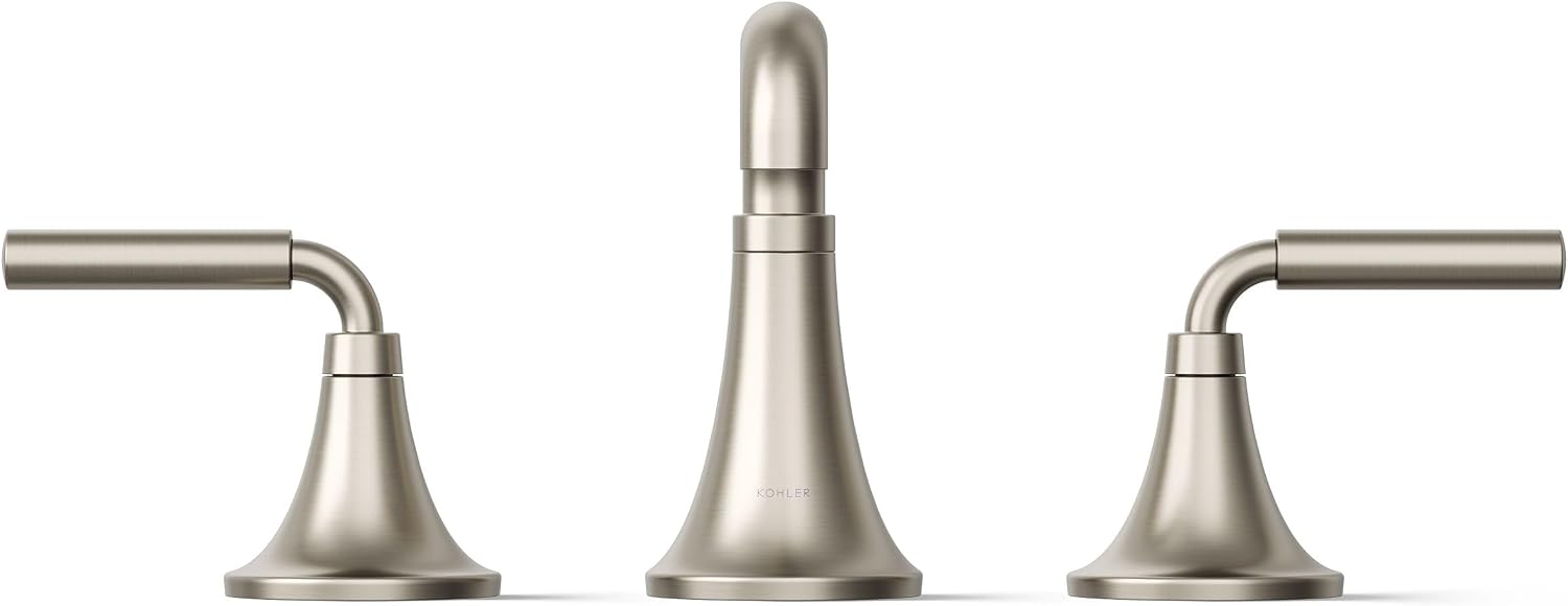 KOHLER K-27416-4-BN Tone™ Widespread Bathroom Sink Faucet, 3-Hole, Widespread Bathroom Faucets with Two Lever Handles and Clicker Drain, 1.2 GPM, Vibrant Brushed Nickel