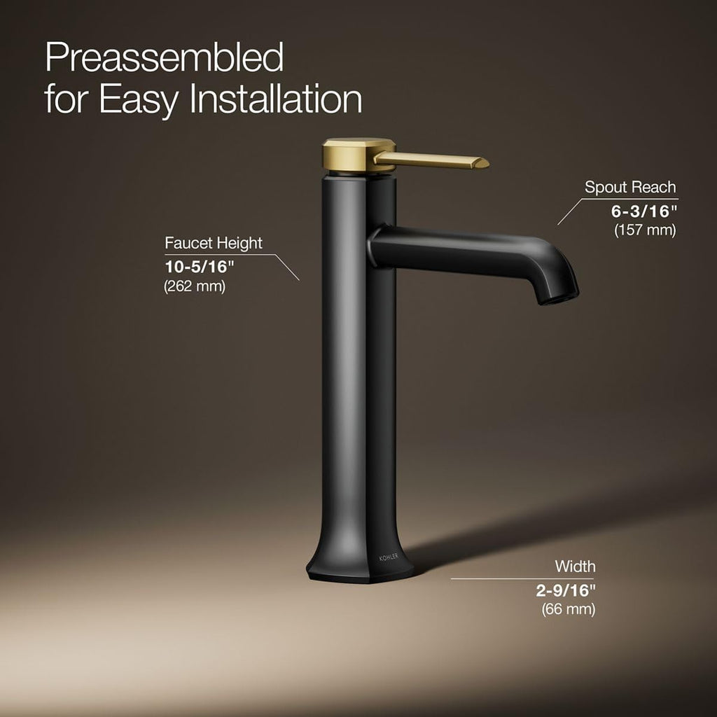 KOHLER 27003-4K-BMB Occasion Tall Single-Handle Bathroom Faucet with Pop-Up Drain Assembly, One Hole Bathroom Sink Faucet, 1.0 gpm, Matte Black with Moderne Brass