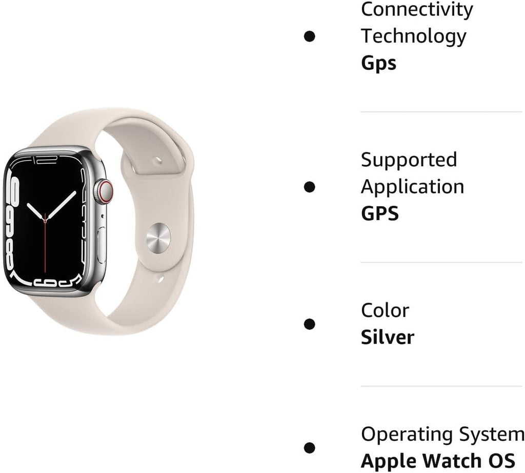 Apple Watch Series 7 (GPS + Cellular, 45MM) Silver Stainless Steel Case with Starlight Sport Band (Renewed)