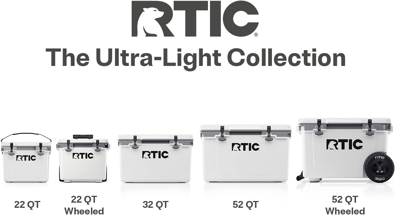 RTIC 52 Quart Ultra-Light Wheeled Hard Cooler Insulated Portable Ice Chest Box for Beach, Drink, Beverage, Camping, Picnic, Fishing, Boat, Barbecue, 30% Lighter Than Rotomolded Coolers