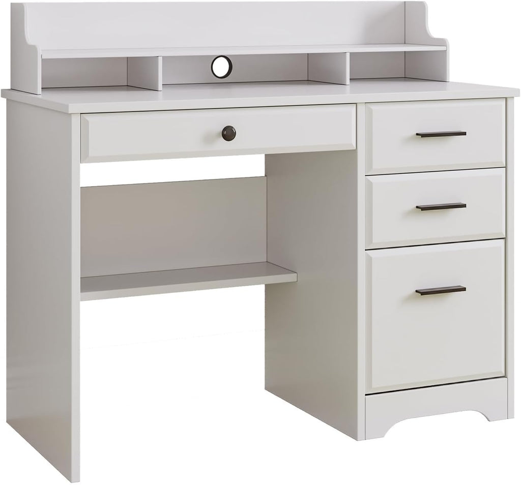 4 EVER WINNER White Desk with Drawers, 44 Inch Small Computer Desk with File Drawer and Monitor Stand, Wood Desk with Storage Shelf for Small Spaces, Living Room, Bedroom, White