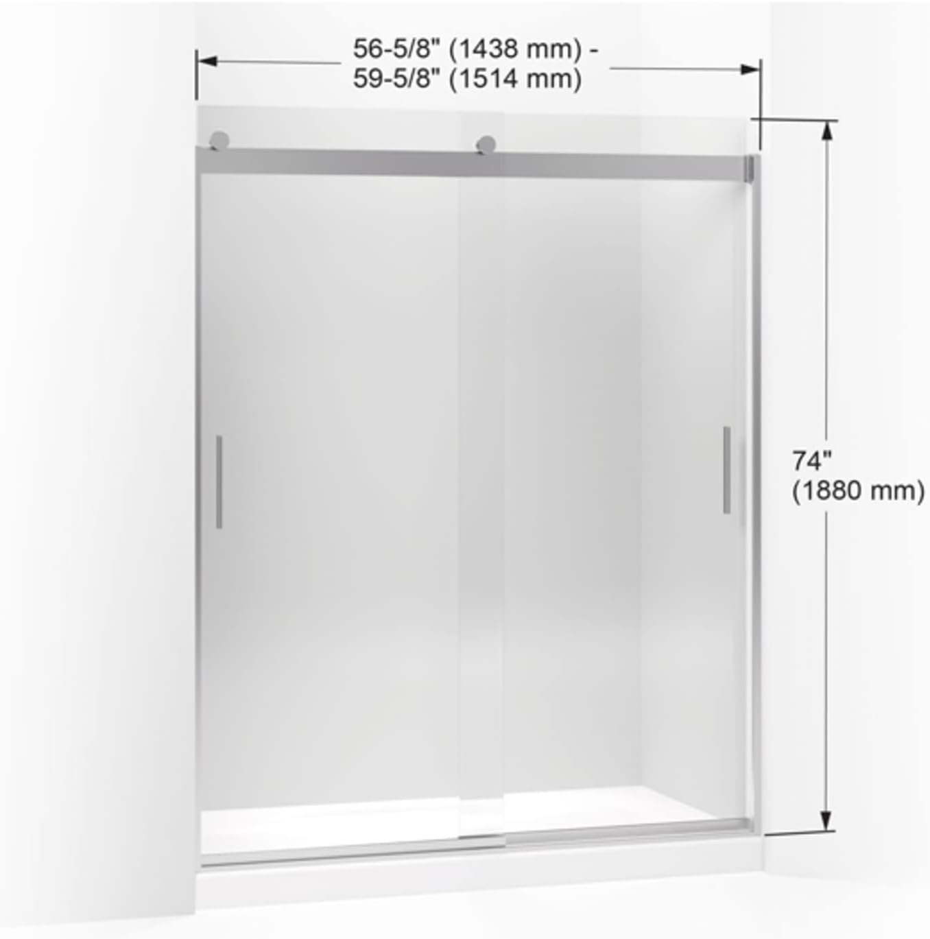 KOHLER Levity Sliding shower door, 74-in H x 56-5/8-59-5/8-in W, with 1/4-in thick Crystal Clear glass