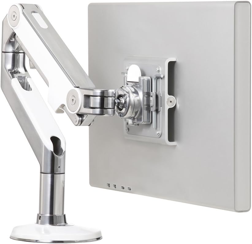 Humanscale M8 Adjustable Articulating Monitor Arm - Bolt Through Mount with Base - Polished Aluminum with White Trim