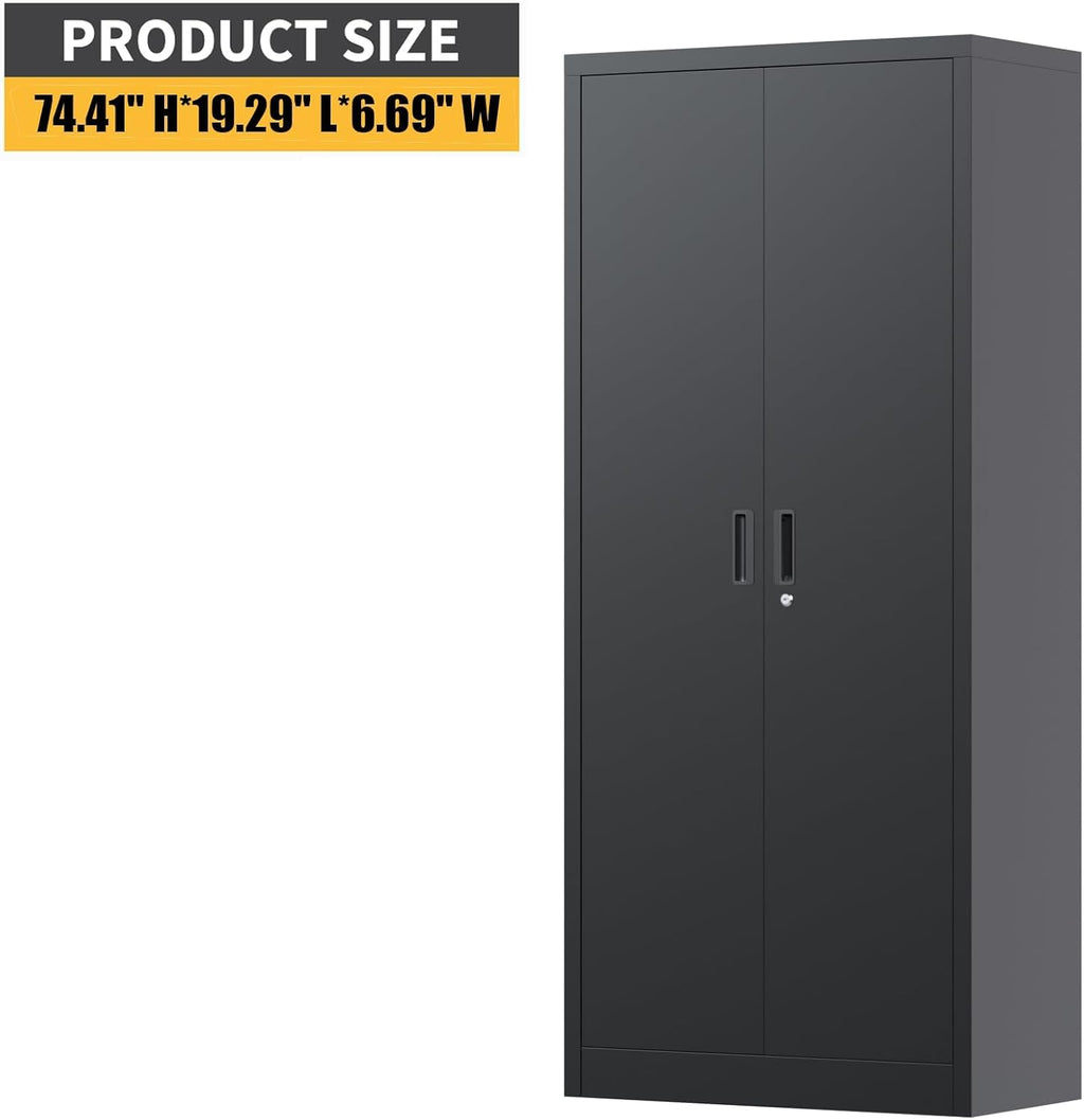 71' Metal Storage Cabinet with Doors, Lock and 4 Adjustable Shelves, Tall Pantry Cabinet for Garage, Office, Bedroom, Shop, Craft Room, Steel Storage Organizer with Adjustable Feet,Black