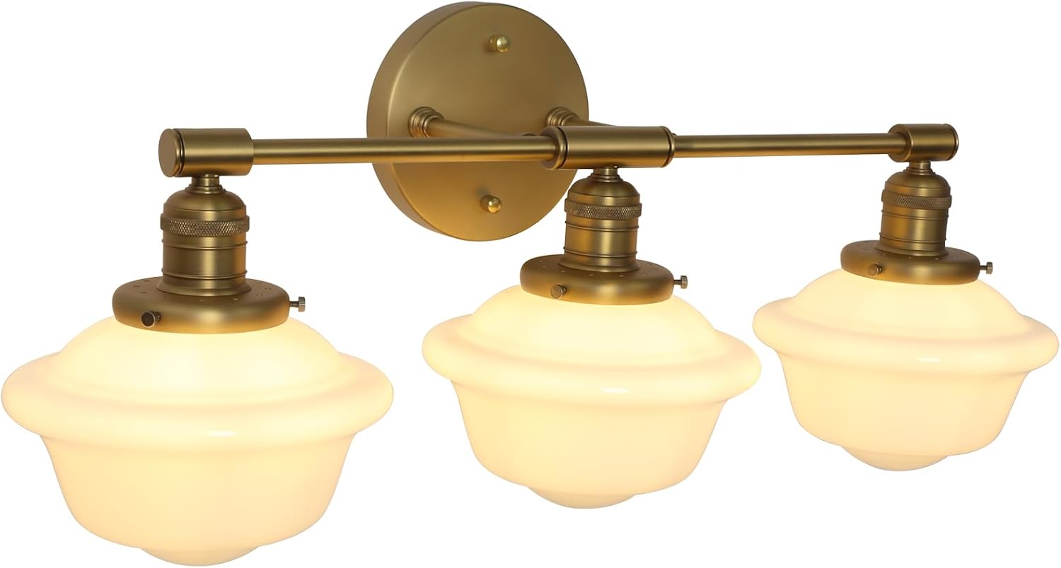 Pathson Milk White Glass Bathroom Wall Sconce Lights, 3-Light Hardwired Wall Vanity Lamps for Living Room Vintage Home Decor, E26 Base