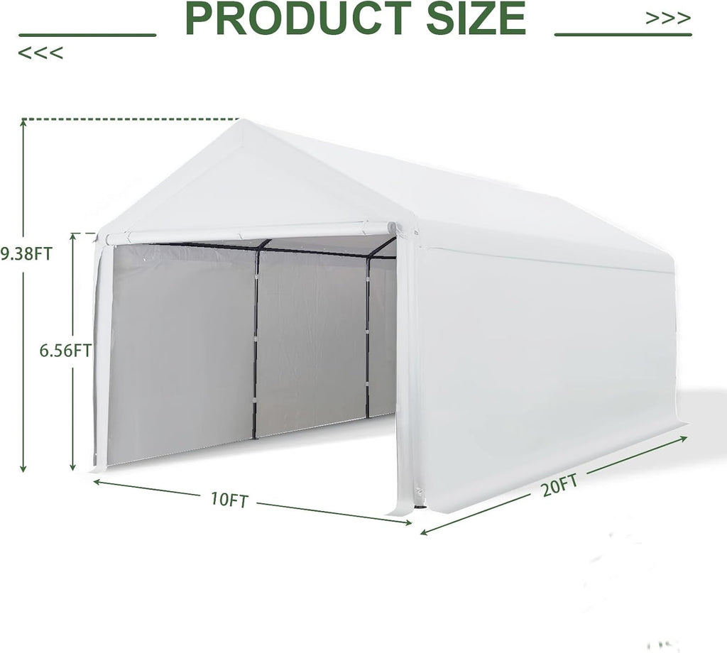 10x20 FT Heavy Duty Carport Car Tent Car Canopy Storage Shed, Portable Garage with Removable Sidewalls & Doors All-Season Tarp for Car,Truck,SUV,Party White