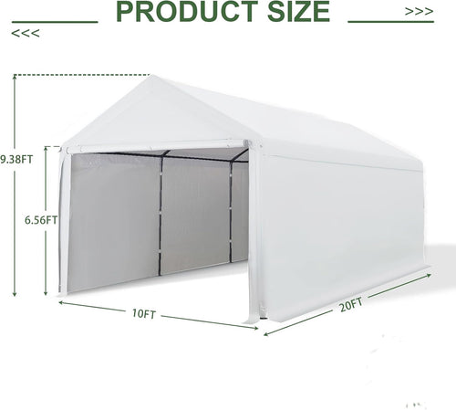 10x20 FT Heavy Duty Carport Car Tent Car Canopy Storage Shed, Portable Garage with Removable Sidewalls & Doors All-Season Tarp for Car,Truck,SUV,Party White