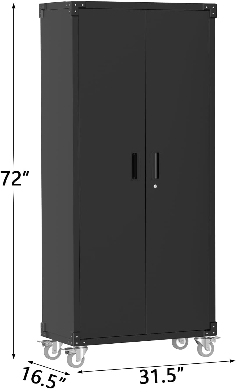Metal Storage Cabinet 72'H with Wheels, Steel Tool Cabinet with Pegboard and 4 Adjustable Shelves, Lockable Rolling Garage Cabinet for Home,Garage,Office Organization (Deep Black) (with wheels, black)