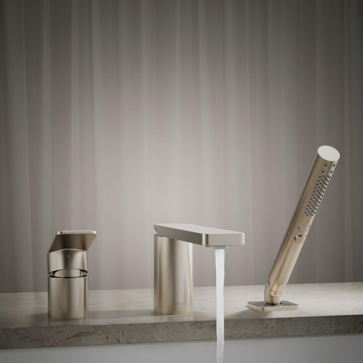 Kohler 23488-4-BN Parallel Single-Handle Deck-Mount Bath Faucet with handshower, Vibrant Brushed Nickel