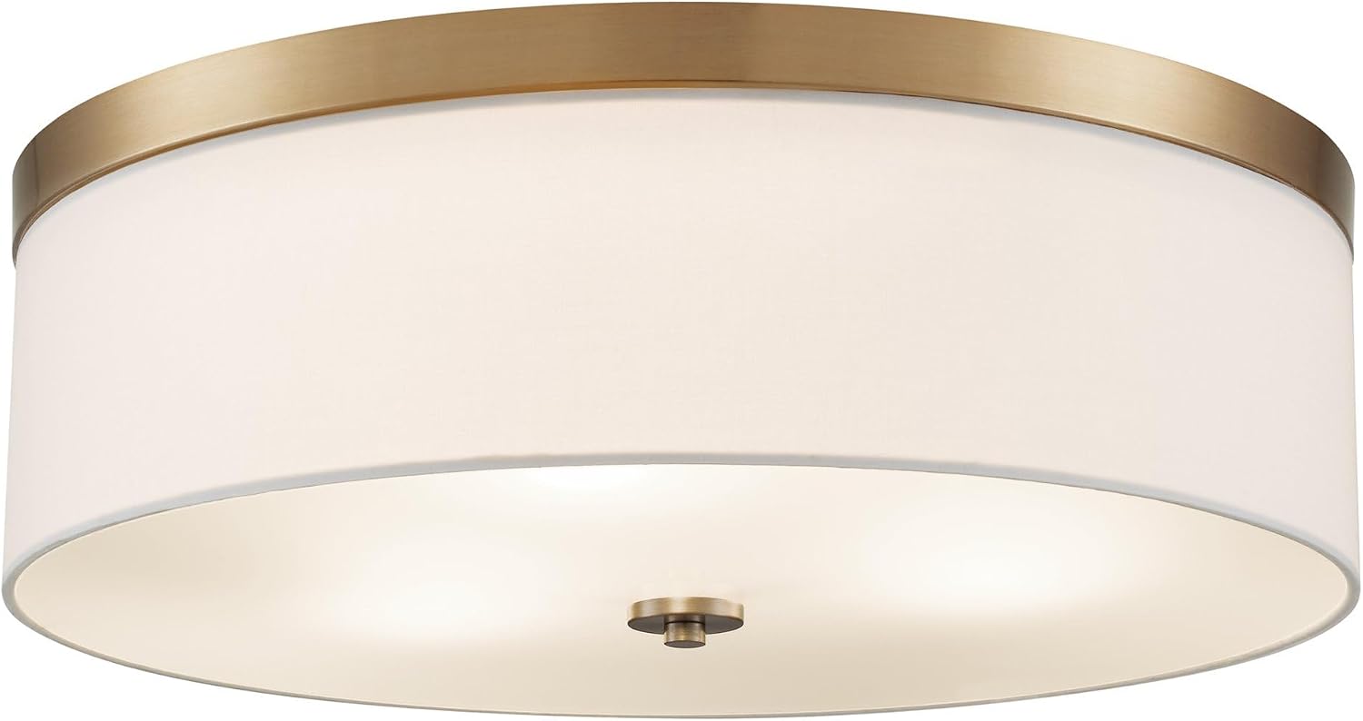 Kira Home Walker 20' Modern Drum Gold Flush Mount Ceiling Light, White Fabric Shade with Frosted Glass Diffuser, 3-Light Large Close to Ceiling Fixture, Cool Brass Finish