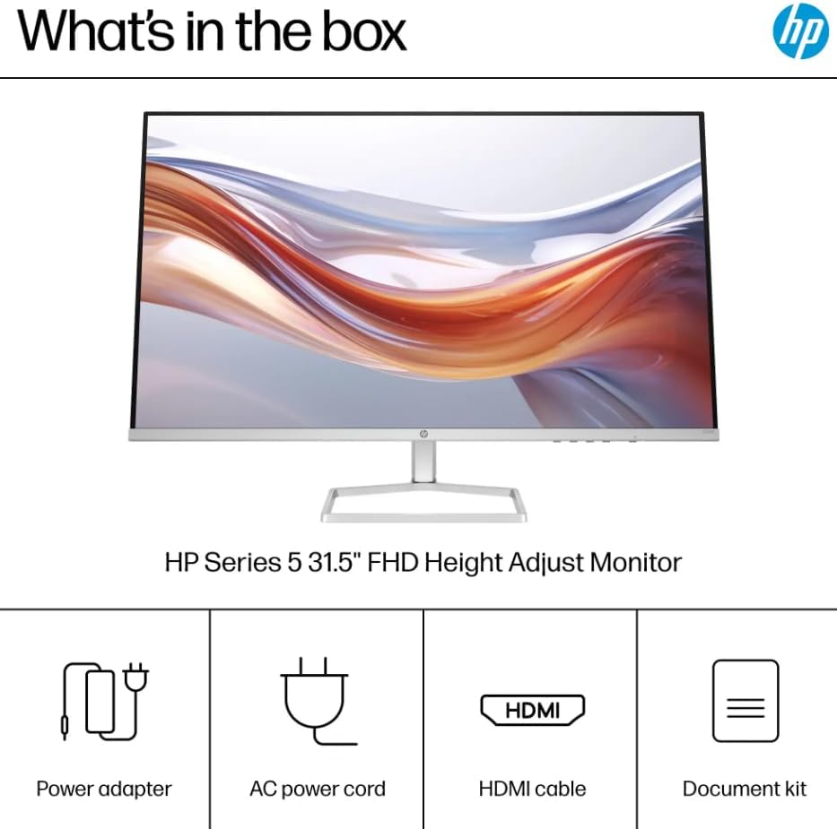 HP 32' FHD(1920X1080) VA Panel Monitor, Anti-Glare Display, 100Hz Refresh Rate, 7 MS Response Time, 2 x HDMI 1.4, 1 x VGA, 16:9 Aspect Ratio, Silver, with 5ave HDMI Cable