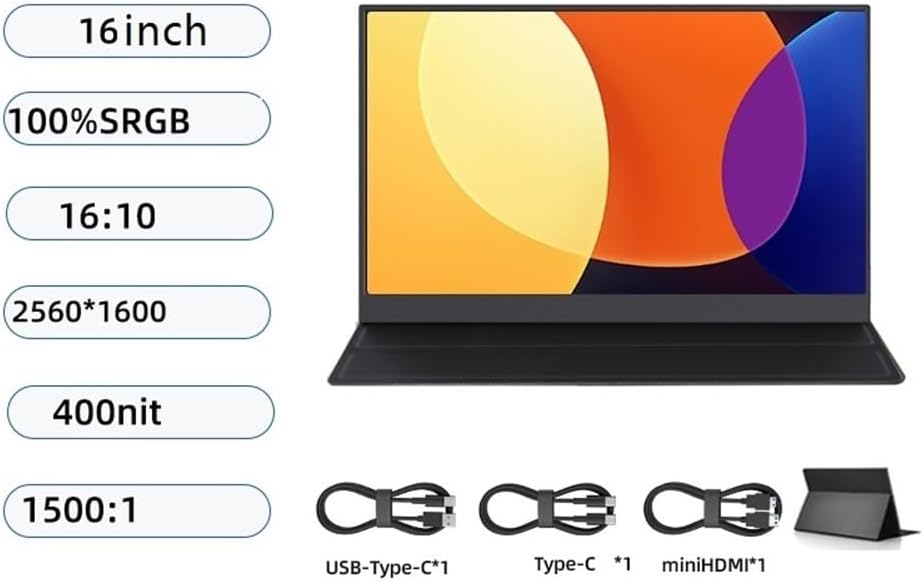Portable Monitors 2.5K IPS Portable Monitor 16 Inch UHD Monitor for Laptop 100% sRGB with Speaker USB-C HDMI Screen